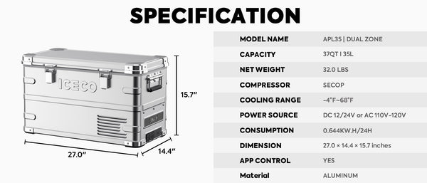 APL35 Dual Zone Aluminum Fridge refrigerator | 35 LT