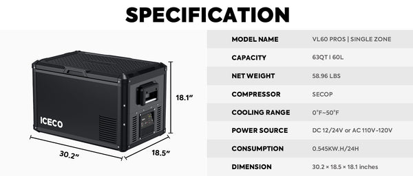 VL60ProS Single Zone Portable Fridge Electric Cooler | 60 LT