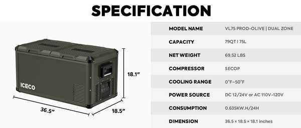 VL75ProD Olive 12V Heavy Duty Fridge Freezer | 75 LT